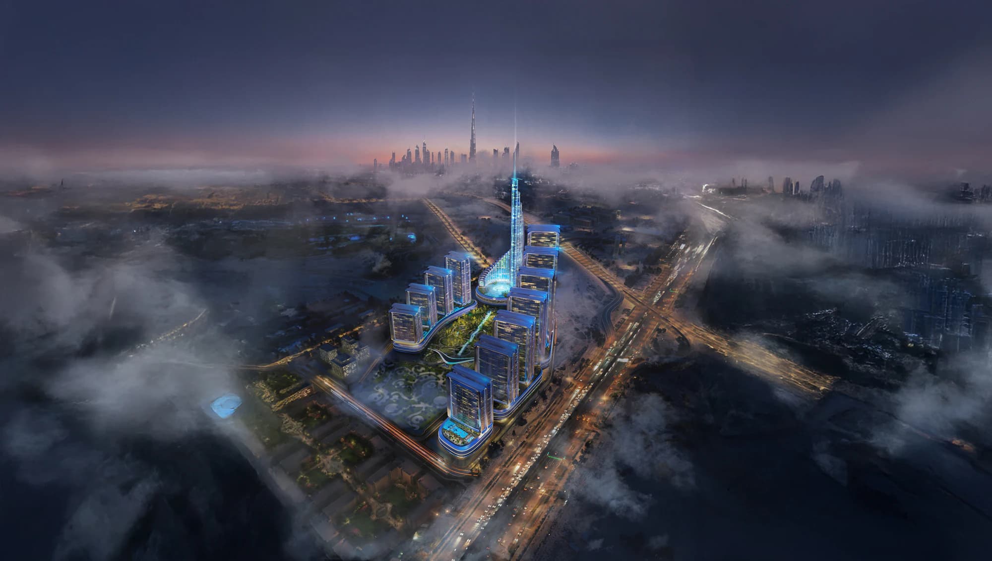 Night aerial of Binghatti City with Downtown Dubai on the horizon