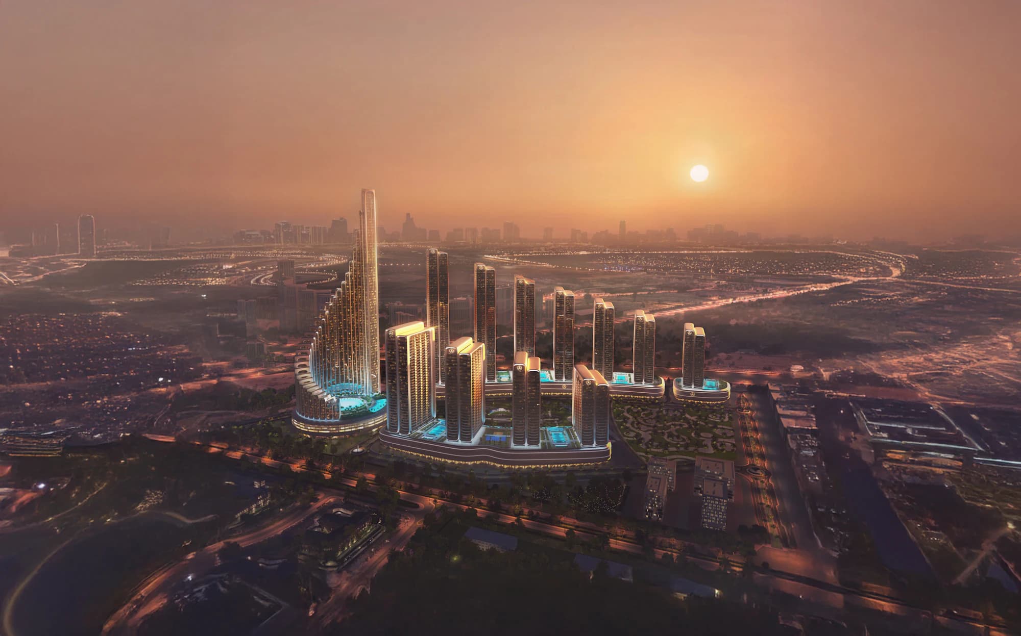 Aerial view of Mercedes-Benz Places Binghatti City at sunset