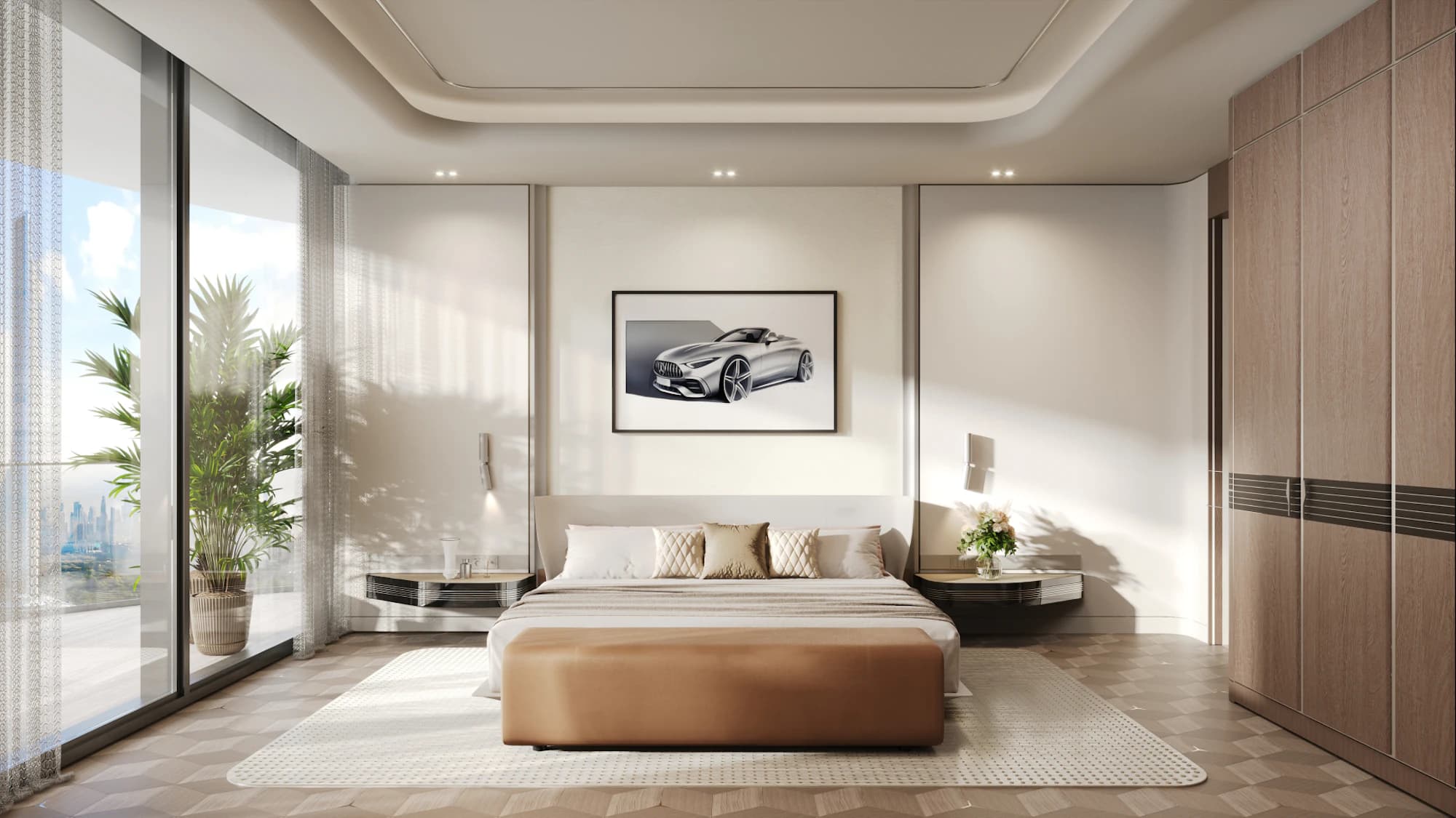 Bedroom with a framed classic car print above the bed