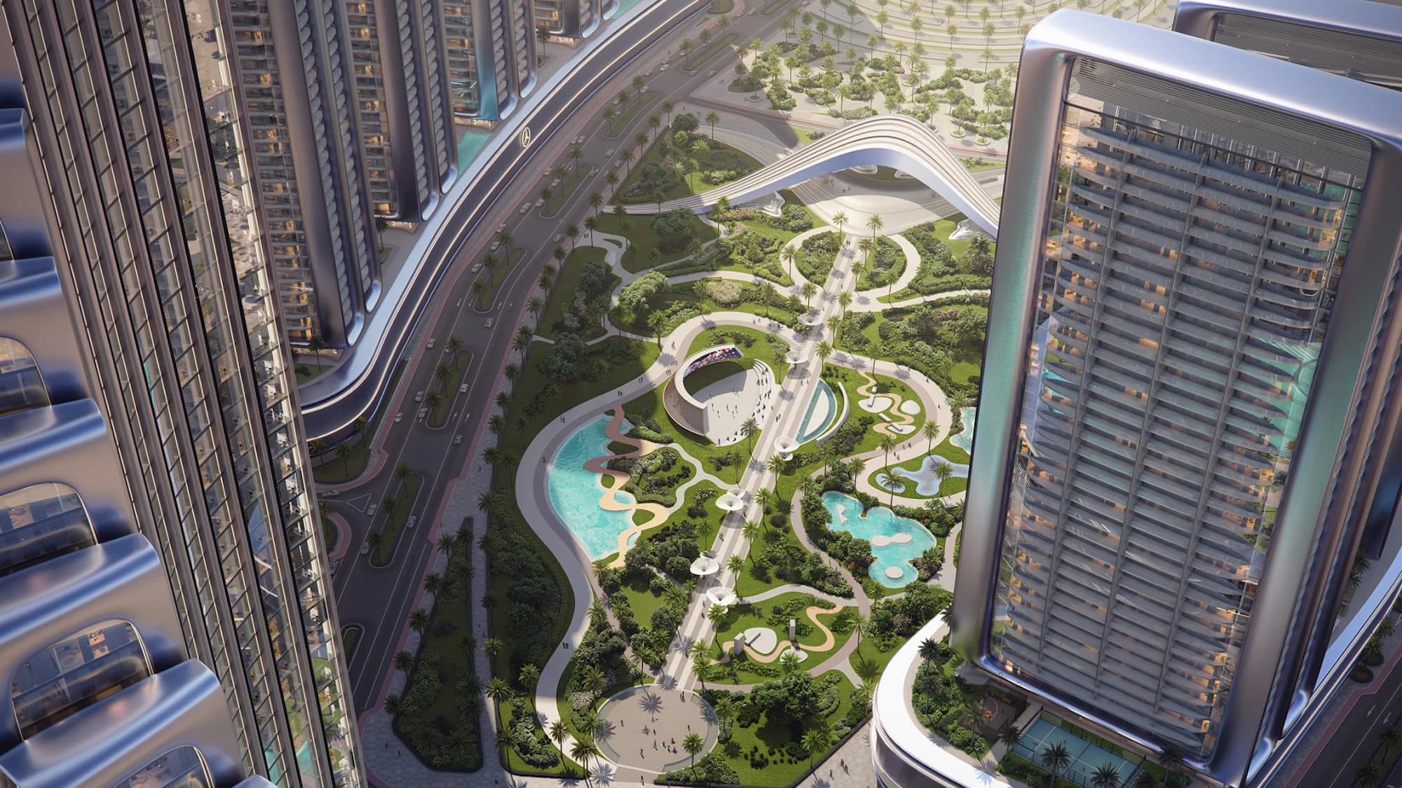 Aerial view of the central park between the towers