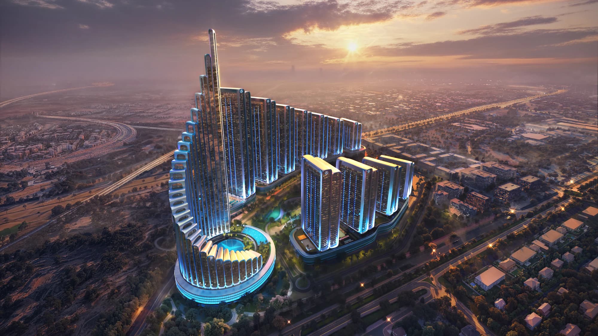 The curved Vision Iconic tower rising above the pool deck at dusk