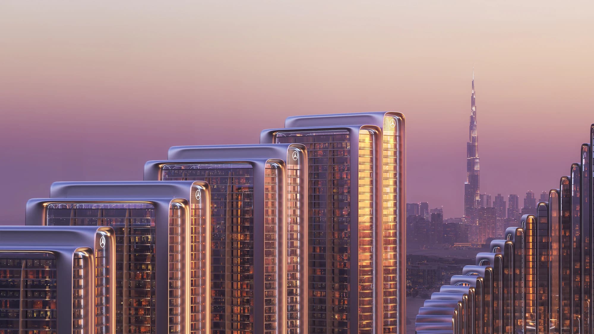 Rounded tower crowns with the Burj Khalifa on the skyline at dusk